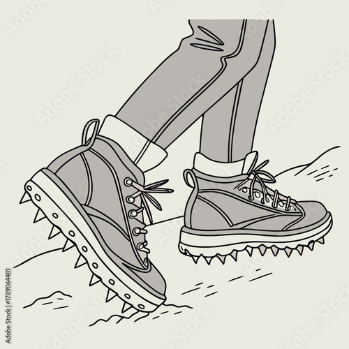 Close-up of Hiker's Feet in Boots with Crampons on Rocky Terrain hiking shoes