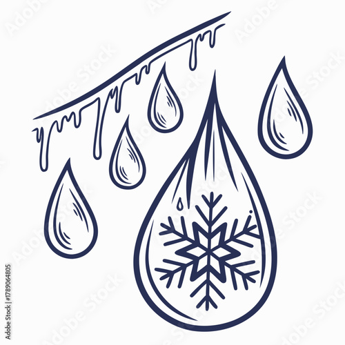 Melting Icicles and Falling Water Droplets with Snowflake vector illustration