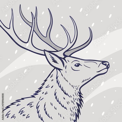 Majestic deer with antlers looking upwards in falling snow illustration stag animal