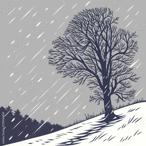 Lone bare tree in a snowy landscape with falling snow Keywords: winter, snow, tree, landscape