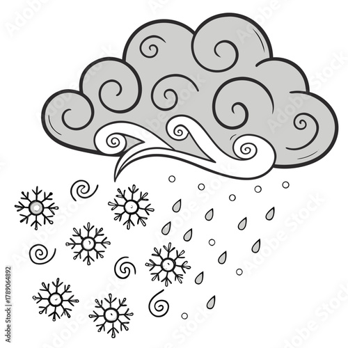 Stylized cloud raining snowflakes and raindrops Keywords: cloud, snow, rain, weather, winter