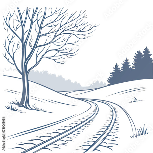 Train Tracks Winding Through a Snowy Landscape with a Bare Tree railway railroad