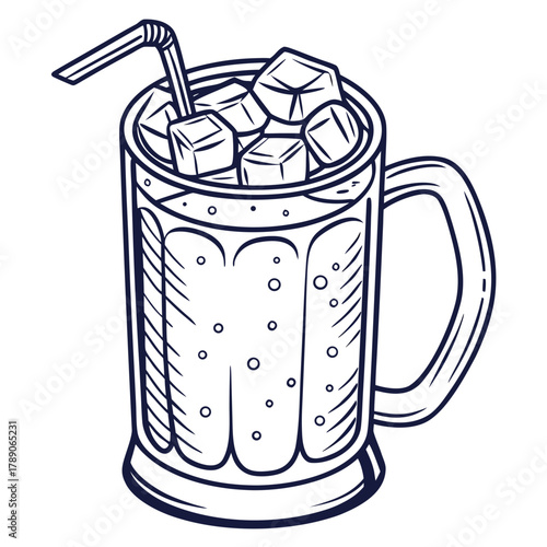 Cold refreshing drink in a tall glass with ice cubes and straw beverage