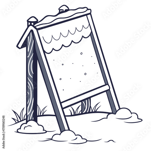 Wooden Sandwich Board Sign Covered in Snow and Grass signboard easel