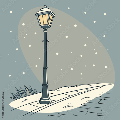 Vintage street lamp illuminates a snowy cobblestone path at dusk lamppost snowfall