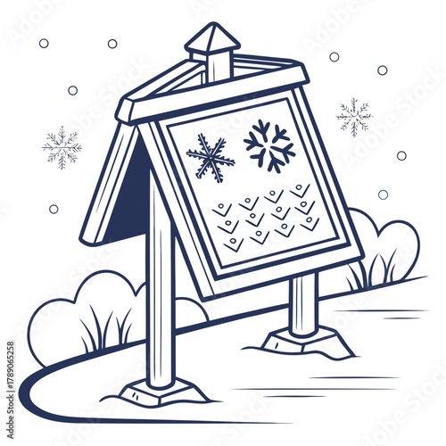 Winter information signpost with snowflakes and snowdrifts illustration board