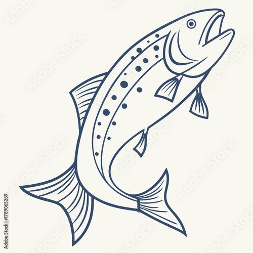 Stylized leaping salmon fish outline illustration jumping water