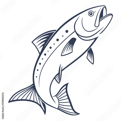 Dynamic jumping salmon fish illustration in outline style leaping action