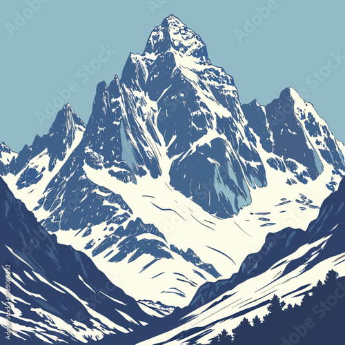 Vibrant blue and white snow-covered mountain landscape illustration mountains peaks