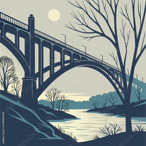 Arch bridge over a river at night with bare trees and moon water