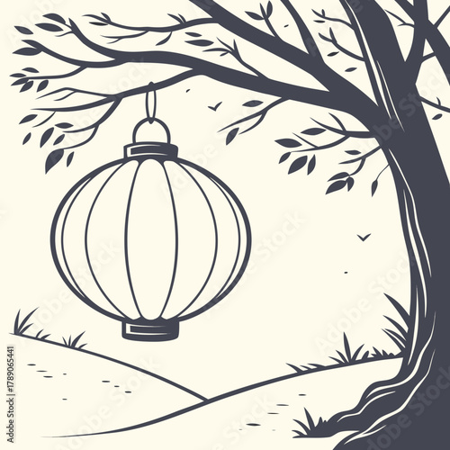 Hanging paper lantern under a bare tree with falling leaves vector illustration