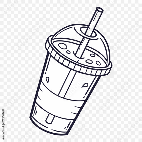 Line art of a transparent plastic cup with a lid and straw drink beverage