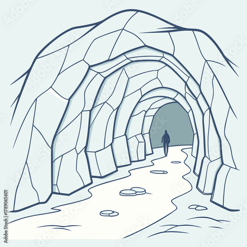 Lone Figure Walking into an Ice Cave Entrance ice formation glacier