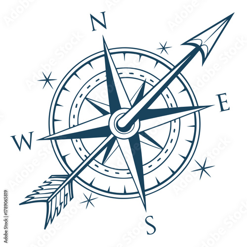 Vintage Compass Rose with Arrow and Cardinal Directions navigation north