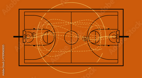 Abstract digital art of a basketball court. Dynamic dotted lines symbolize player movement and game flow on an orange background, capturing the sport's energy and tactics
