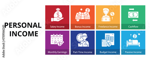 Personal Income Glyph Solid Banner Web Icon Set Vector Illustration