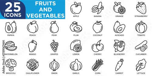 Fruits and Vegetables, fresh, tomato, fruit, vegetarian, vegetable, icon set. Outline icons collection. Simple vector illustration