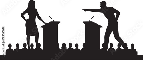  Political Debate or Argument Silhouette Man and Woman Speakers at Podiums with an Audience, Illustrating Public Discourse, Conflict, or Discussion.
