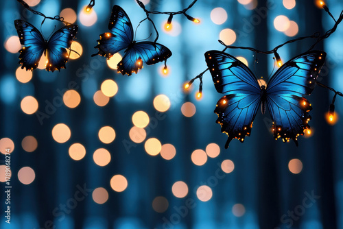 Blue butterfly with glowing wings rests on branch surrounded by warm christmas lights in magical winter forest