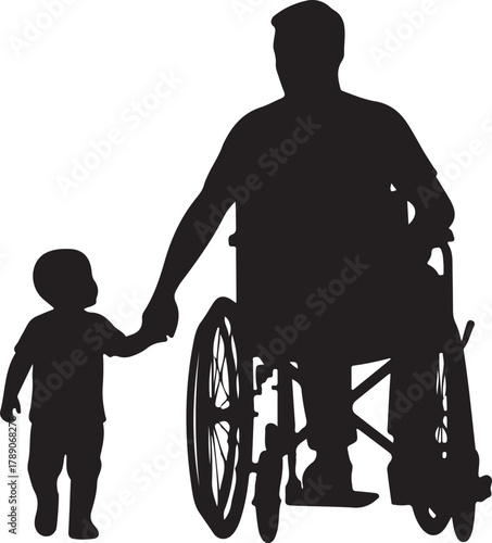  Silhouette of a father or parent in a wheelchair holding hands with a small child, symbolizing family bond, support, and overcoming challenges