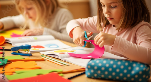 Capture the essence of childhood with this heartwarming image of two young girls engrossed in a delightful arts and crafts session, a truly precious moment.