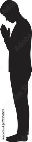  Silhouette of a man praying or bowing, a conceptual image of devotion, respect, meditation, or spiritual contemplation on a white background.