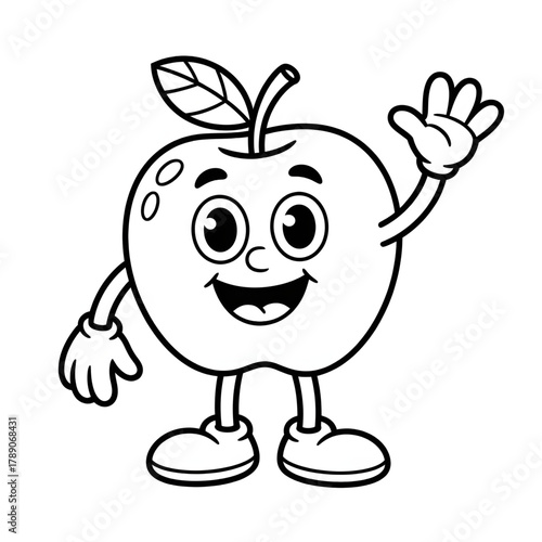 A black and white illustration of an anthropomorphic apple character. 