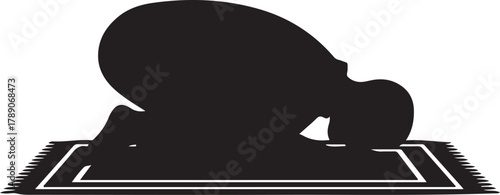 Silhouette of a Muslim person praying, prostrating on a prayer mat during Salat, symbolizing faith, devotion, and spirituality