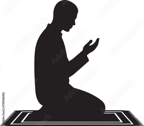 Silhouette of a Muslim man praying on a prayer mat, illustrating Islamic worship, faith, and devotion