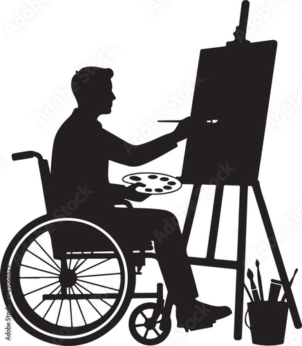 Silhouette of a talented artist in a wheelchair painting on an easel, demonstrating creativity, disability inclusion, and artistic expression; a symbolic image of determination and passion for art.