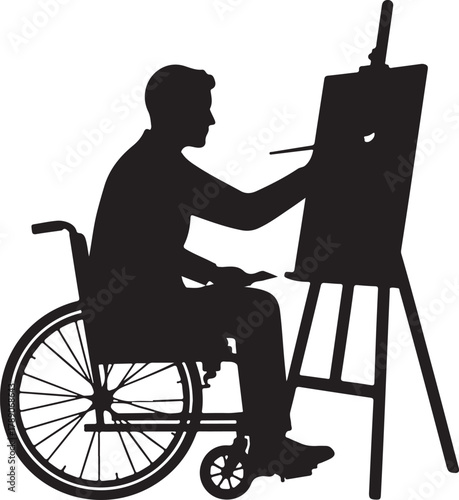  Silhouette of an Artist in a Wheelchair Painting on an Easel, depicting creativity, adaptive art, and disability inclusion.