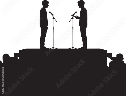 Silhouette of two men debating or presenting on stage with microphones, facing an unseen audience, symbolizing public speaking, discussion, or a conference