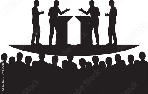  Silhouettes of Political Debate, Conference, or Public Speaking Event with Speakers and Audience, Representing Communication and Discussion