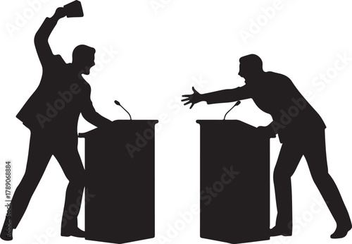  Silhouettes of Two Men in a Heated Debate or Argument at Podium with Microphones, Representing Political Confrontation, Strong Disagreement, or Conflict