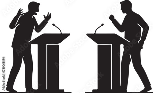  Silhouettes of Two Men Engaged in a Heated Debate or Discussion at Podiums with Microphones, Representing Public Speaking, Political Discourse, or Conflict Resolution