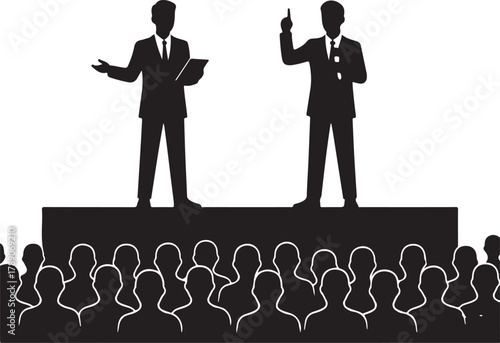  Two public speakers or presenters on a stage addressing an audience, depicted as black and white silhouettes, perfect for concepts of debate, conference, and communication