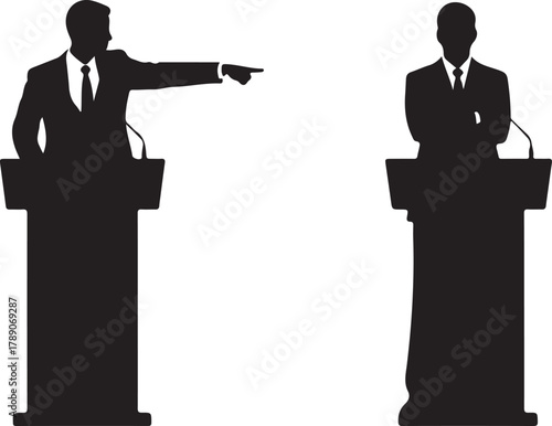 Two silhouetted men at podiums, one pointing, symbolizing a heated debate, political argument, public speaking, or confrontation