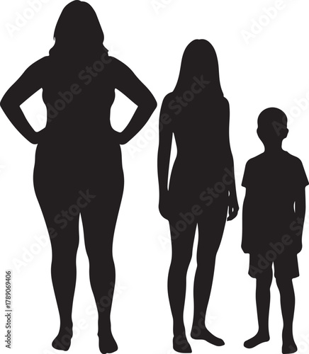 Diverse family silhouettes with different body types and ages, featuring two women and a young child standing together against a white background, symbolizing generations and human figures