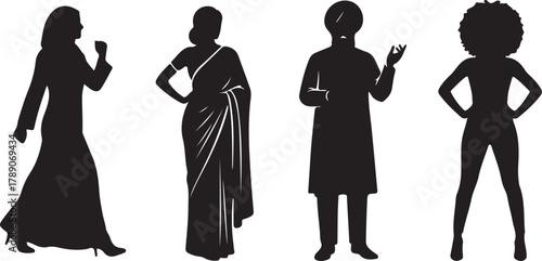  Diverse group of multicultural people silhouettes representing various ethnicities and traditional attire, showcasing global community and human diversity on a white background