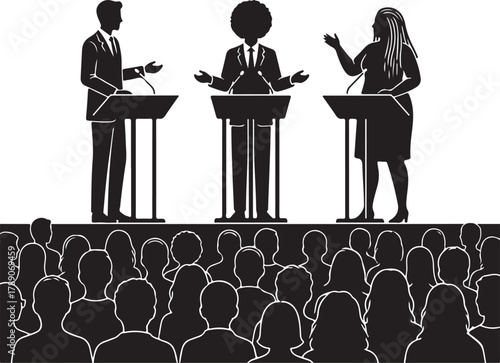 Diverse group of speakers engage in a public debate or discussion at a conference, addressing an audience from podiums; a conceptual illustration of communication and dialogue