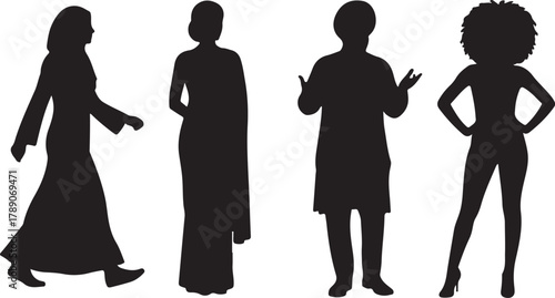  Diverse people silhouettes representing various cultures and ethnicities, including traditional and modern attire, isolated on white background.