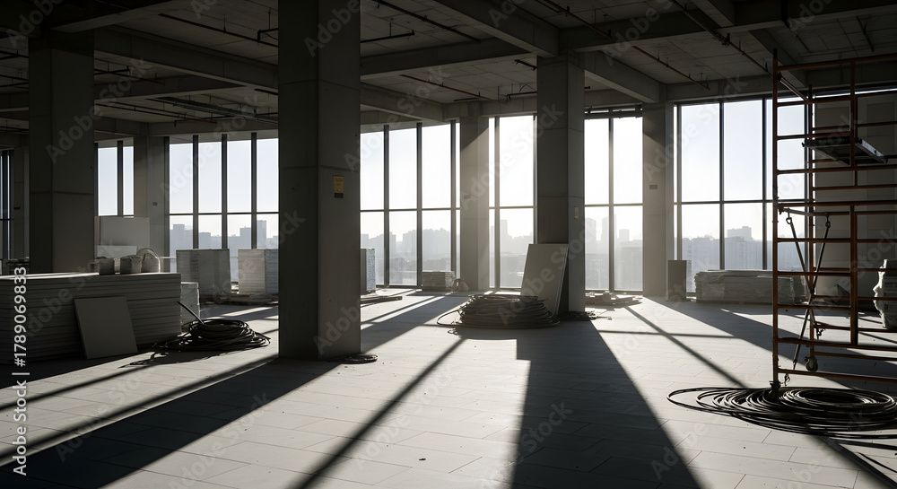 Obraz premium Capture the essence of urban progress with this raw, sun-drenched construction site, ideal for showcasing resilience and the promise of future growth.