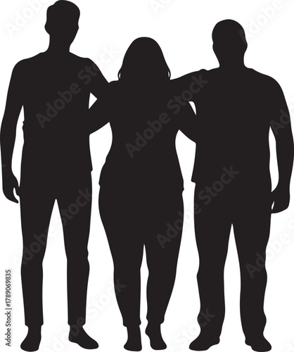  Group silhouette of three people, including two men and one woman, standing together in a pose of friendship, unity, and support