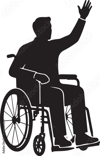 Man in Wheelchair Waving Hand Silhouette Icon - Disability, Mobility, and Accessibility Concept Vector Graphic