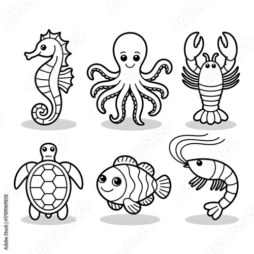 Set sea Creatures Coloring Page vector style