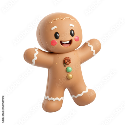 Playful gingerbread person with smiling expression and joy near fireplace and snowflake ornament, shiny gold frosting, reindeer donkey drawing