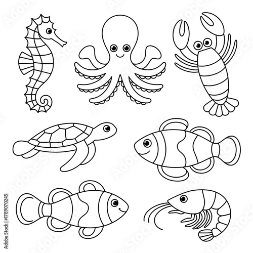 Set sea Creatures Coloring Page vector style 