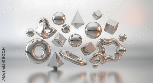 Fototapeta Naklejka Na Ścianę i Meble -  Abstract 3D Arrangement of Floating Chrome Geometric and Organic Liquid Shapes