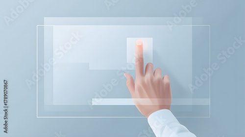 A single finger gently touches a transparent screen, suggesting interaction and digital interface on a soft blue background.