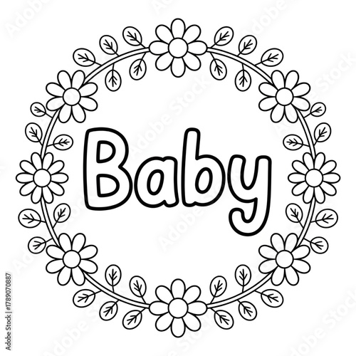 Baby art round frame with flowers coloring page